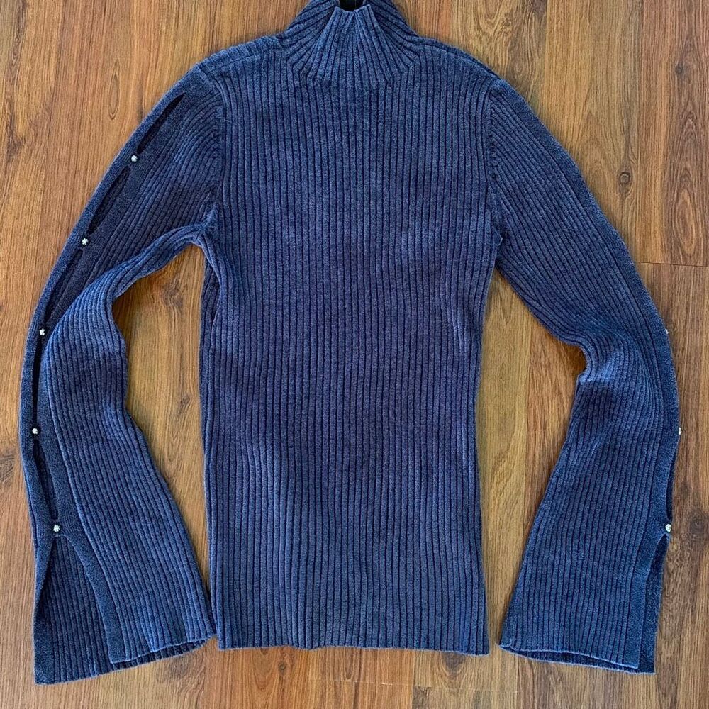 White House | Black Market ribbed chenille navy sweater with open sleeve detail